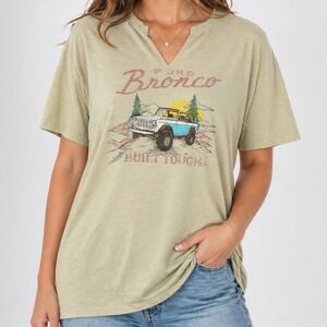 Ford Bronco Graphic T-Shirt Womens Large Tan V-Neck Slub Knit Side Slit Vintage